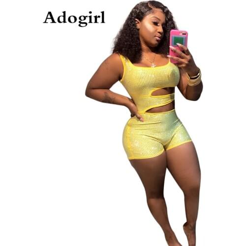 Sexy Hot Drilling Rhinestones Tank Cut Out Bodycon Jumpsuit Women Fashio Summer Shorts Elegant Night Club Skinny Party Bodysuits
