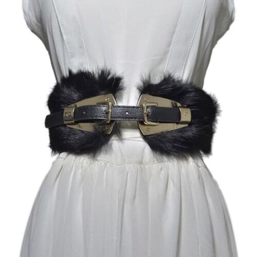 Womens runway fashion rabbit fur elastic pu leather Cummerbunds female Dress Corsets Waistband Belts decoration wide belt R2263