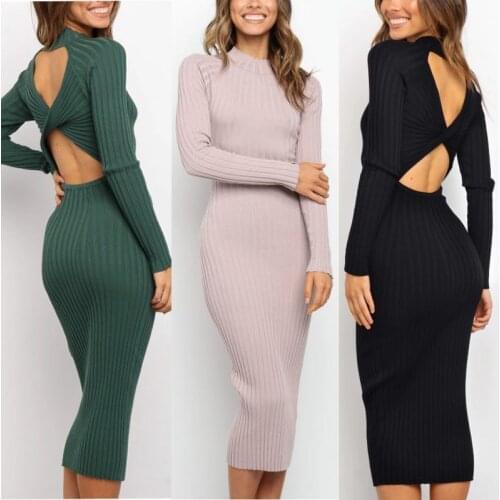 Ladies' Knitted Sweater Open Back Dress Long Sleeve Double O Neck Tight Dress Autumn Party Dresses Women Knitted Backless Dress