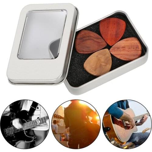 4Pcs Wooden Bass Guitar Picks Plectrum with Storage Case Set Ukulele Accessory