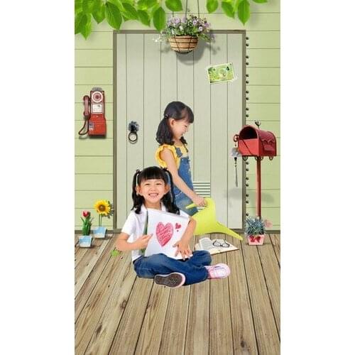 5*6.5ft vintage green leaves background newborn white door with red post backdrops for kids wood floor background photography