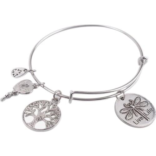 5PCS Expandable Wire Bangle Live Life Dragonfly Charm Bracelet #92069