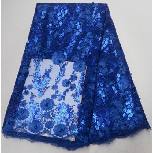 5yards/pc) sequined and beaded African tulle lace royal blue French net lace fabric with embroidery for party dress FLP964