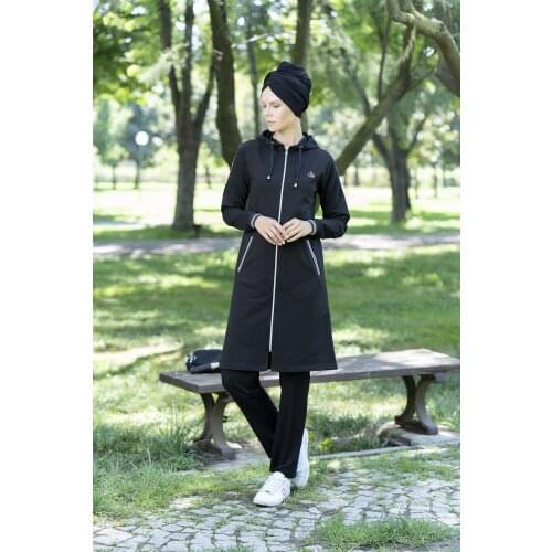 Eofashion Islamic Sportwear Long Sleeve Outfit Black Full Covered With Sweatwear Hijab And Pants Wide Size Range Muslim Women