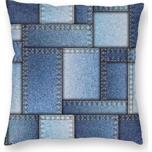 Custom Blue Denim Patchwork Square Throw Pillow Cover Decoration Double-sided Print Jeans Texture Pattern Cushion Cover for Car