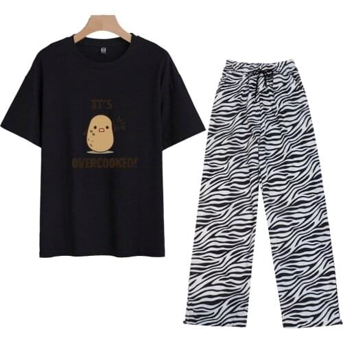 Potato Oversized T Shirt 90s Black Shirt Two-piece Suits Cotton Striped Pants Girl Harajuku Aesthetic Tops High Waist Joggers