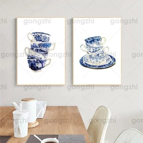 Chinese Retro Teacup Canvas Painting Blue White Teacup Poster Minimalist Painting and Printmaking Wall Art Decoration Kitchen