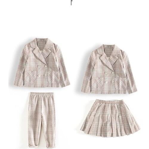 Plaid Kids Suit Toddler Baby girls clothes set Spring Long sleeve Coat Fall Fashion Skirt pants 2 pcs Children outfits