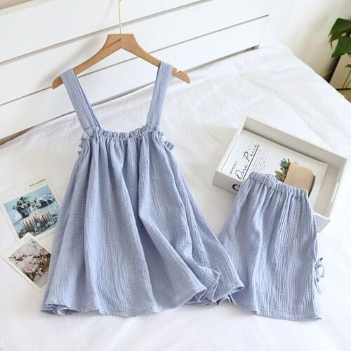 2021 New Ladies Pajamas Two-piece Summer Cotton Crepe Suspender Shorts Vest Suit Sweet And Loose Home Service Sexy Home Wear