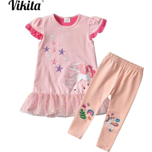 VIKITA Girls Clothing Sets Cotton Summer Casual Clothing Short Sleeve Unicorn T Shirt and Pants Leggings 2pcs Unicornio Outfits
