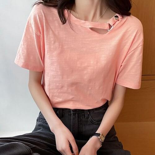 Blusas Mujer De Moda 2021 Button Solid T Shirt Women Cotton Summer Tops Korean Style Short Sleeve Woman Clothes Tee Shirt Femme