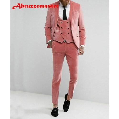 Abruzzomaster Fashion Pink Velvet Men Tuxedos Suits Pink Man Suit (Jacket+Pants+Vest) Pink Velvet Wedding Suits