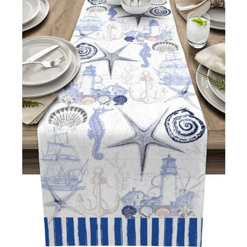 Marine Texture Stripes Lighthouse Anchor Retro Table Runner Luxury Dinning Decor Placemat Hotel Wedding Table Decor Tablecloth