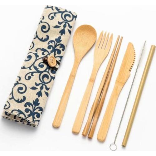 6pcs Eco-Friendly Bamboo Utensils travel Cutlery Set Wooden Outdoor Portable Zero waste bamboo cutlery Set Spoon Fork Chopstick