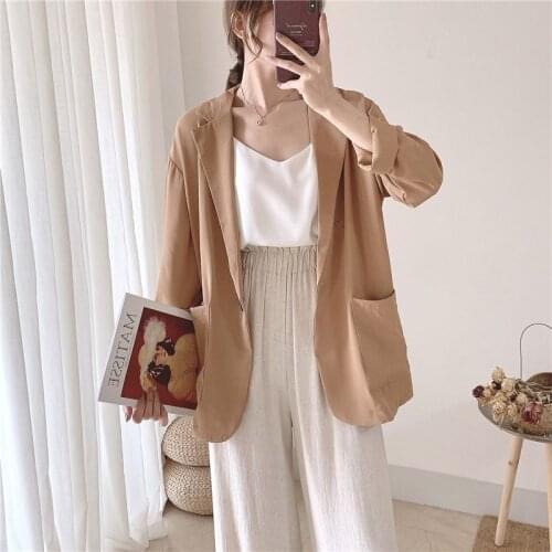 Korean Elegant Ladies Blazer Spring Summer Basic Thin Blazer Woman Casual Loose Khaki Beige Black Blazer Jacket Long