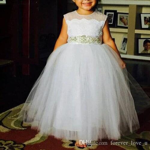 Flower Girls Dresses for Weddings Princess Kids Formal Party Gowns Sheer Jewel Neck See Through Back Lace Appliques Beaded Cryst