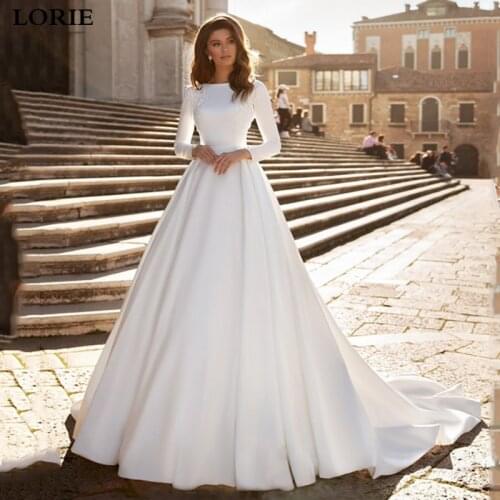 LORIE Princess wedding dresses Satin Long Sleeve Bride Gowns Appliqued V Back Dubai Wedding Gowns Vestido de Voiva