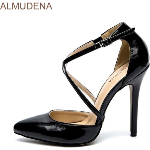ALMUDENA Popular Black Mirror Leather Pointed Toe Pumps Cross Strap Stiletto Heel Dress Shoes Exquisite Women Outdoor Footwear