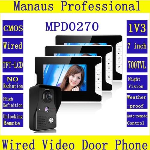 Three Black 7" TFT Color Screen Video Door Phone Doorbell Intercom Kit 1- NightVision camera 2-monitor 1V3 Doorphone System D270