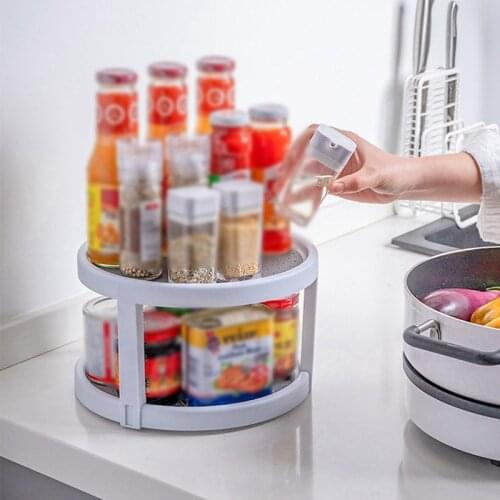 360 Degree Rotating 2 Tier Spices Fruit Tray Turning Table Rotatable Desktop Storage Home Kitchen Storage Rack Stand Organizer