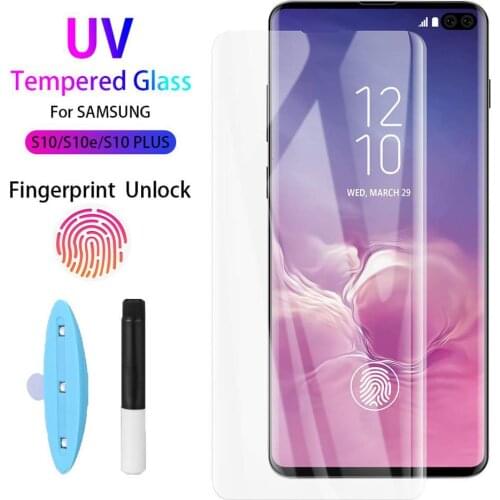 10D UV Glue Tempered Glass For Samsung Galaxy S10 PLUS S10+ fingerprint unlock UV glass Full Cover for S10 S10e Screen Protector