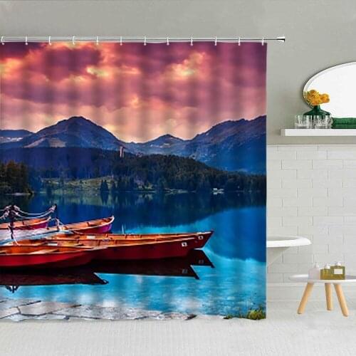 Natural Landscape Shower Curtain Mountain Lake Bridge Scenery Boat Forest Polyester Fabric Bathroom Supplies Decor With Hooks