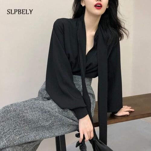 SLPBELY Women Black Bow Blouse Shirt Summer Office Lady Short Sleeve Bowtie Blouse Chiffon Shirt Autumn Tops Chic Woman Clothes