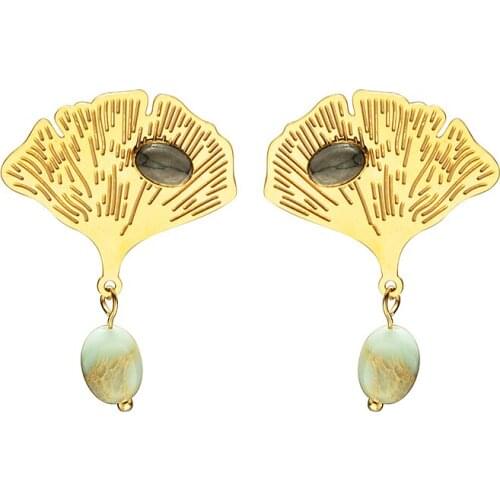 Vintage Stainless Steel Metal Ginkgo Stud Earrings 2021 Trend Green Red Natural Stone Pendientes For Women boucle oreille femme