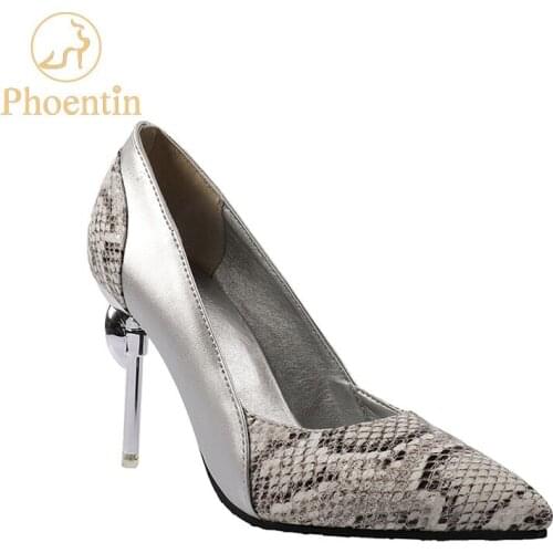 Phoentin snake print italian women shoes pointy toe silver heeled shoes super high heels crystal stiletto pumps large size FT899