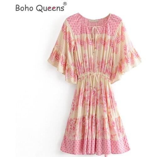 Boho Queens Women hippie pink floral print deep V-neck elestic waist Bohemian mini dress ladies short sleeve rayon dress vestido