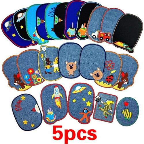5Pcs/Lot Embroidered Patches Jeans Stripes Stickers Iron On Patches Sewing Repair Elbow Knee Cartoon Patches For Clothing