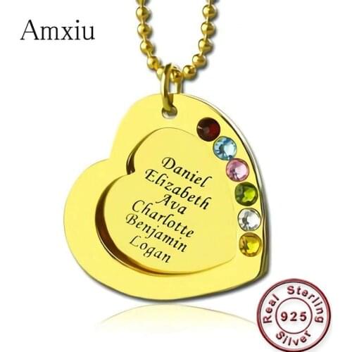 Amxiu Custom 1-6 Names 925 Sterling Silver Necklace Heart Pendant Necklace with Birthstones Jewelry for Family Team Souvenirs