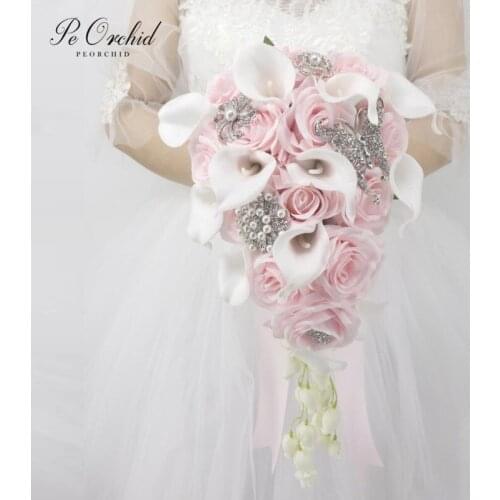 PEORCHID Crystal Waterfall Brooch Wedding Bouquet Pink Calla Lily Rose Jewelry Cascading Bride Bouquet Flower With Pearls