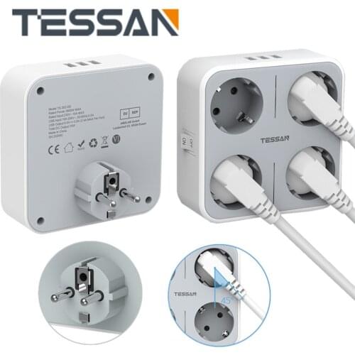 TESSAN European Portable Extension Socket with 3 USB and 4 Outlets EU Plug with On/Off Switch Wall Power Strip for Home/Office