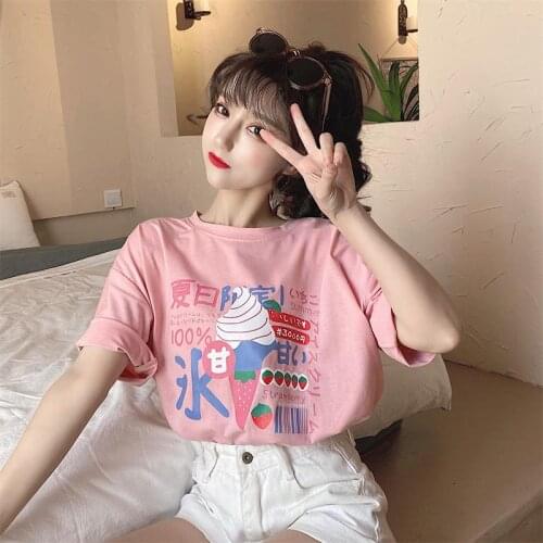 Female Korean Harajuku Strawberry Ice Cream Print T-shirt Womens T-shirts Tops Japanese Kawaii Ladies Ulzzang Clothes For Women
