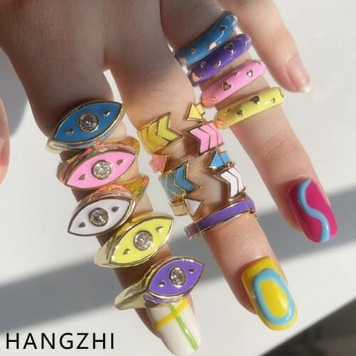 HANGZHI 2021 INES New Rainbow Color Handmade Drip Oil Eyes Zircon Shiny Copper Rings Party Travel Fashion Jewelry for Women Lady