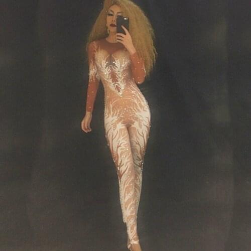 Sexy Sparkly Skin Crystal Prom Jumpsuit Performance Outfit Party Costume Bodysuit Stage Wear Rompers Stage Costumes for Singers