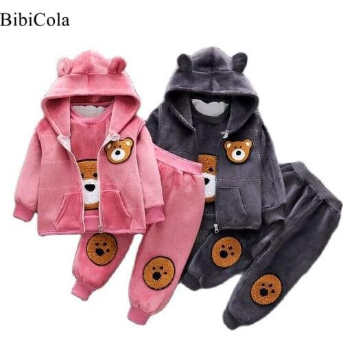 Baby Girl Clothes Set Winter Plus Velvet Thickening Toddler Warm Suit Cartoon Hooded Sweater Baby Boy Suit 3pcs Clothing