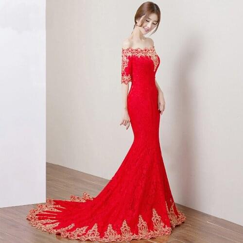Beauty Emily Chinese red Mermaid wedding Dresses With golden patterns four style available sexy bridal dress new wedding banquet