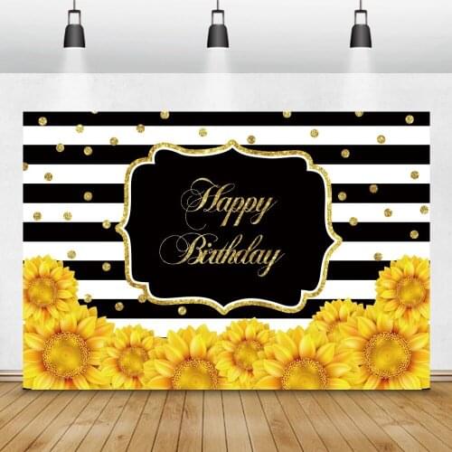 Laeacco Sunflowers Photo Backdrop Black White Stripe Happy Birthday Party Customized Banner Baby Child Photography Background