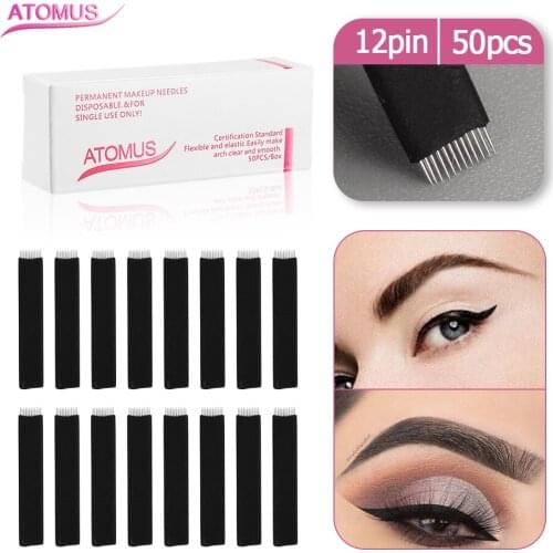 50pcs 12Pin Flat Microblading Shading Blade Permanent Makeup Eyebrow Tattoo Blade Microblading Needles For 3D Embroidery Manual