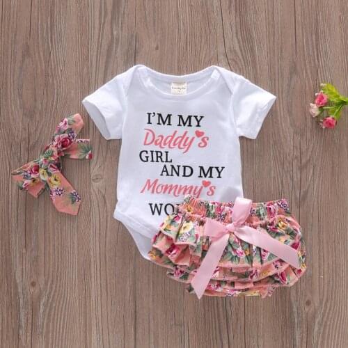 Fashion Newborn Infant Baby Girls Summer Short Sleeve Letter Printed Romper+Floral Printed Tutu Shorts+Headbands Outfits Set#p4