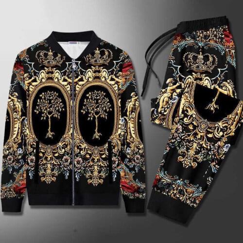 Trendy Mens Suit Large Size Casual Loose Two-piece Suit Spring and Autumn New Fashion Printing Plus Velvet Jacket Trousers Men