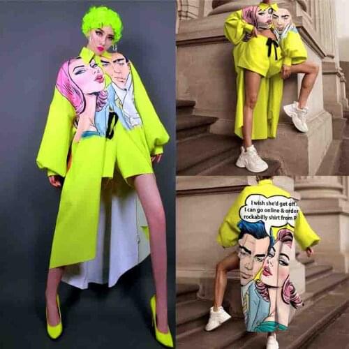 Sexy Jazz Dance Costumes Hip Hop Performance Clothing Rave Outfits DJ DS Ballroom Printed Long Top Shorts Suit Street XS1498