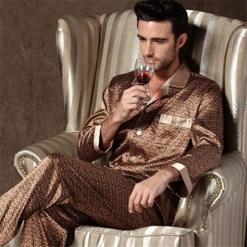 Mens Pajamas Luxury Loose Home Wear Fashion Ice silk Long Sleeve High Quality Adult Sleepwear Popular lapel Long sleeve Pajamas