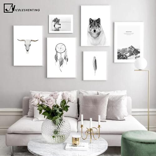 Scandinavian Poster Black White Landscape Wolf Skull Nordic Style Wall Art Canvas Print Painting Living Room Decoration Picture