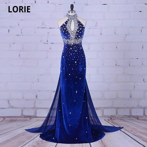 LORIE Luxury Mermaid Evening Gowns Long High Neck Beaded Velvet Crystals Royal Blue Formal Prom Party Dress with Sweep Train