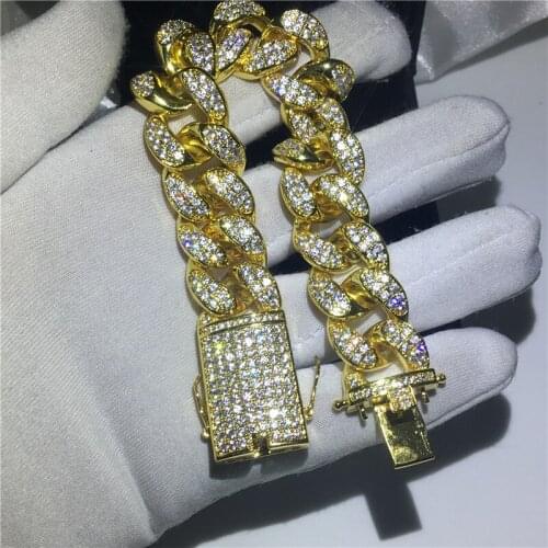 Luxury Male Big Hiphop Chain bracelet Pave setting AAAAA Cz Gold Color Party Anniversary Bracelet for men Rock Jewelry Width 2cm