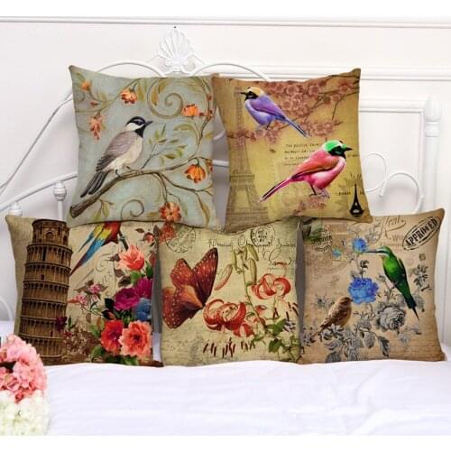 Linen print home decorative throw pillow case decorate sofa cushion cover Square 45x45cm Vintage Retro Style Floral Bird Series
