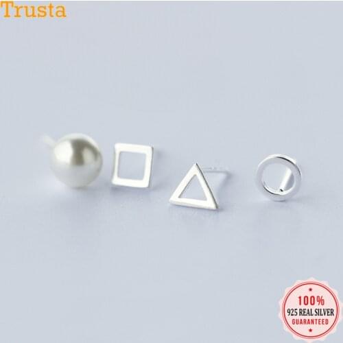 Trustdavis 4Pcs 100% 925 Sterling Silver Jewelry Hollow Square Triangle Round Beads Stud Earrings Gift For Girls Kids Lady DA51